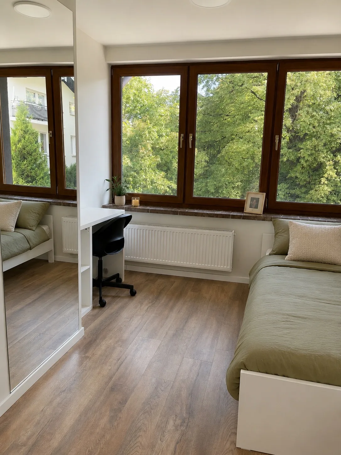 Pokój Studio Soft Minimal — łóżko, biurko i duże okno na drzewa